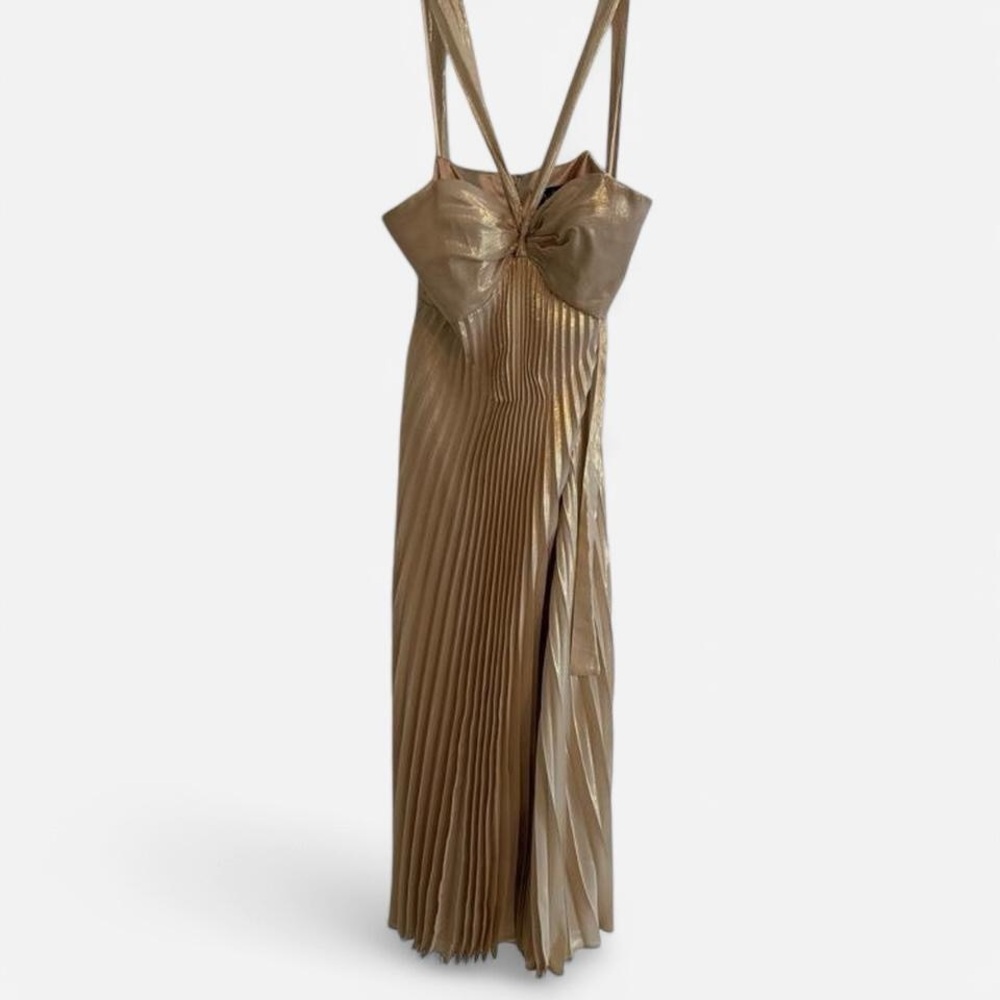 Allen Schwartz Elegant Gold Pleated Evening Dress